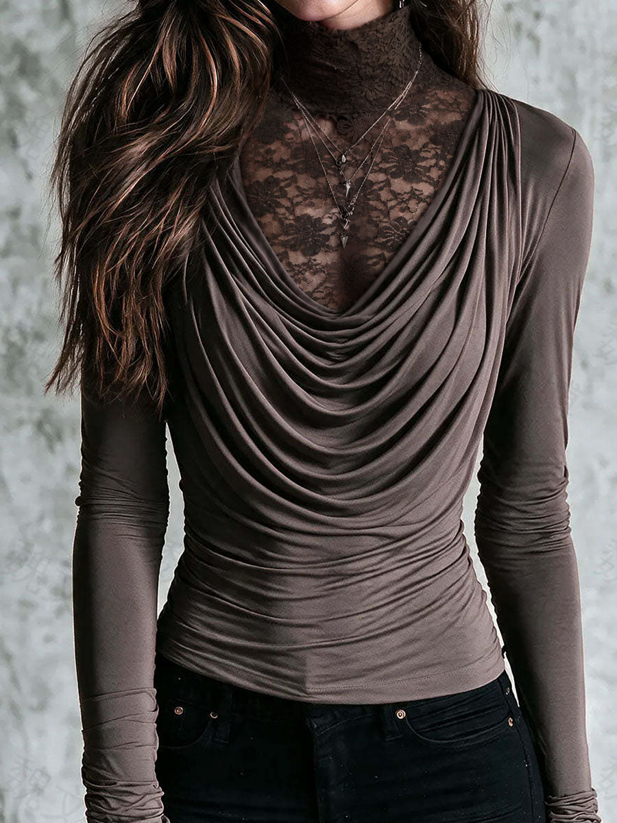 Top Boho Dos en Uno Color Topo con Cuello Alto de Encaje, Cuello Drapeado y Manga Larga