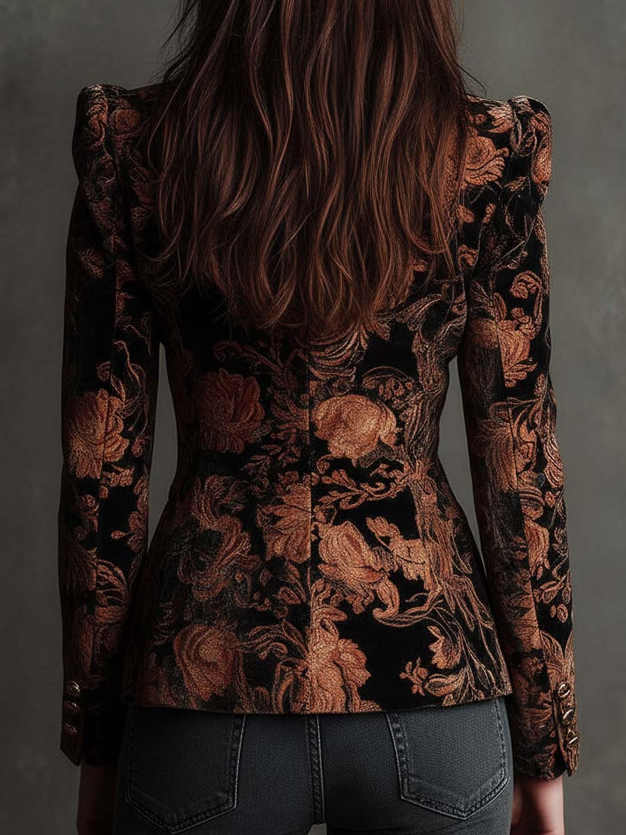 Bertille | Blazer Estilo Sastre Estampado Floral Negro y Bronce
