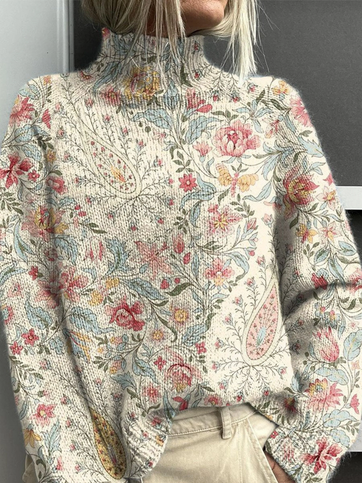 Corinna | Suéter de Cuello de Tortuga Floral Vintage