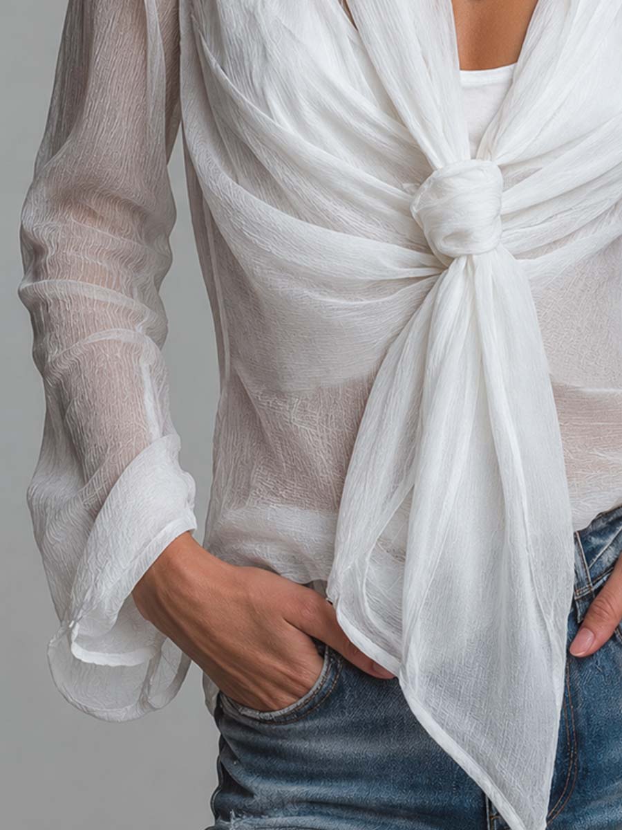 Blusa de Manga Larga de Chifón Arrugado Transparente, Frente Cruzado con Nudo y Camisola