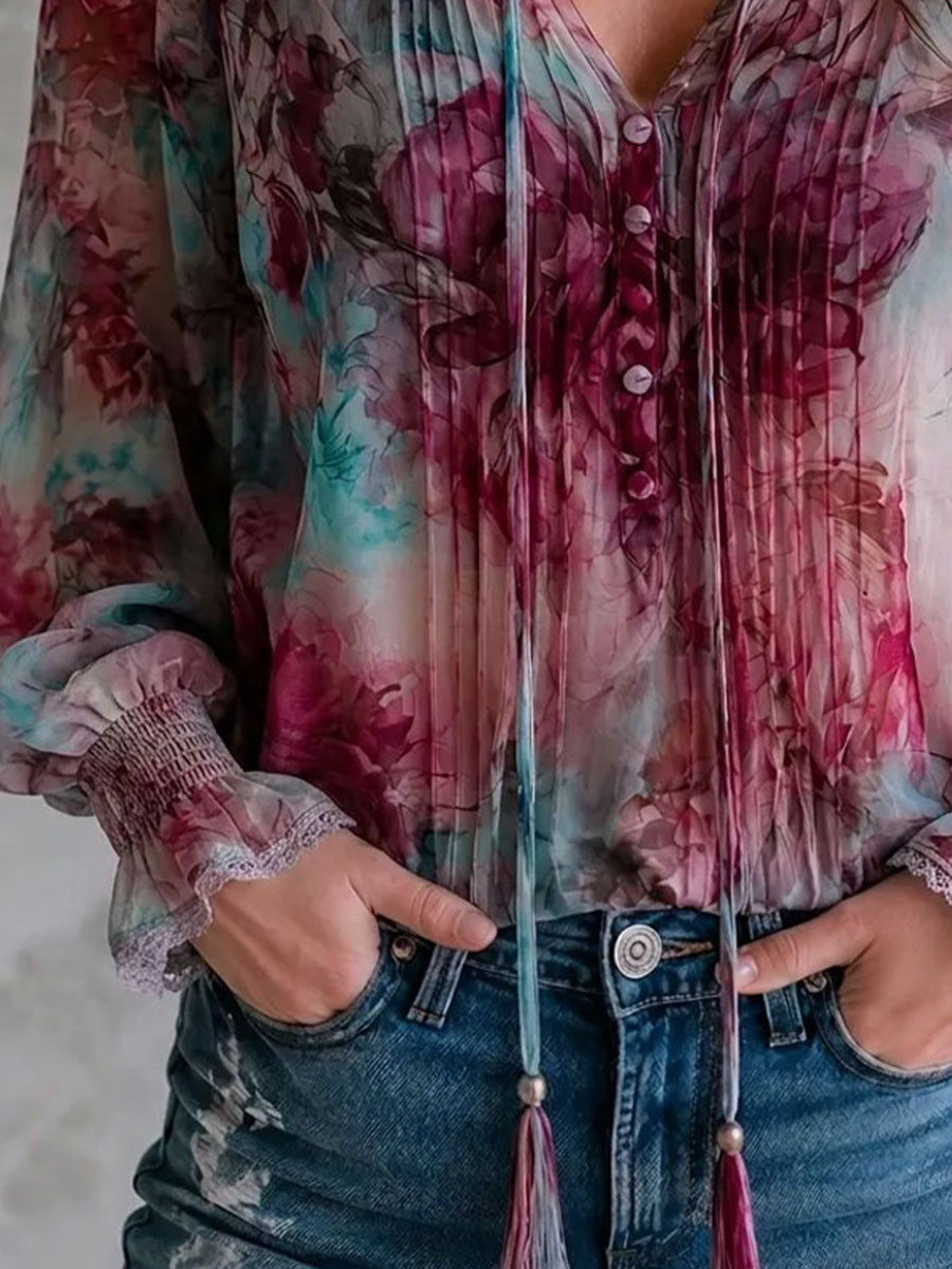 Blusa Boho de Manga Larga con Estampado Floral, Lazo con Borlas y Puños Fruncidos
