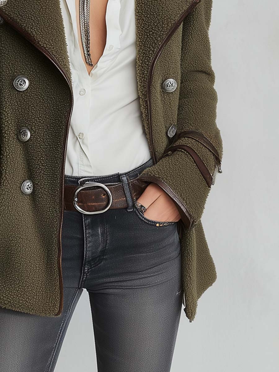Abrigo Vintage con Ribete de Contraste y Cuello de Piel Sintética