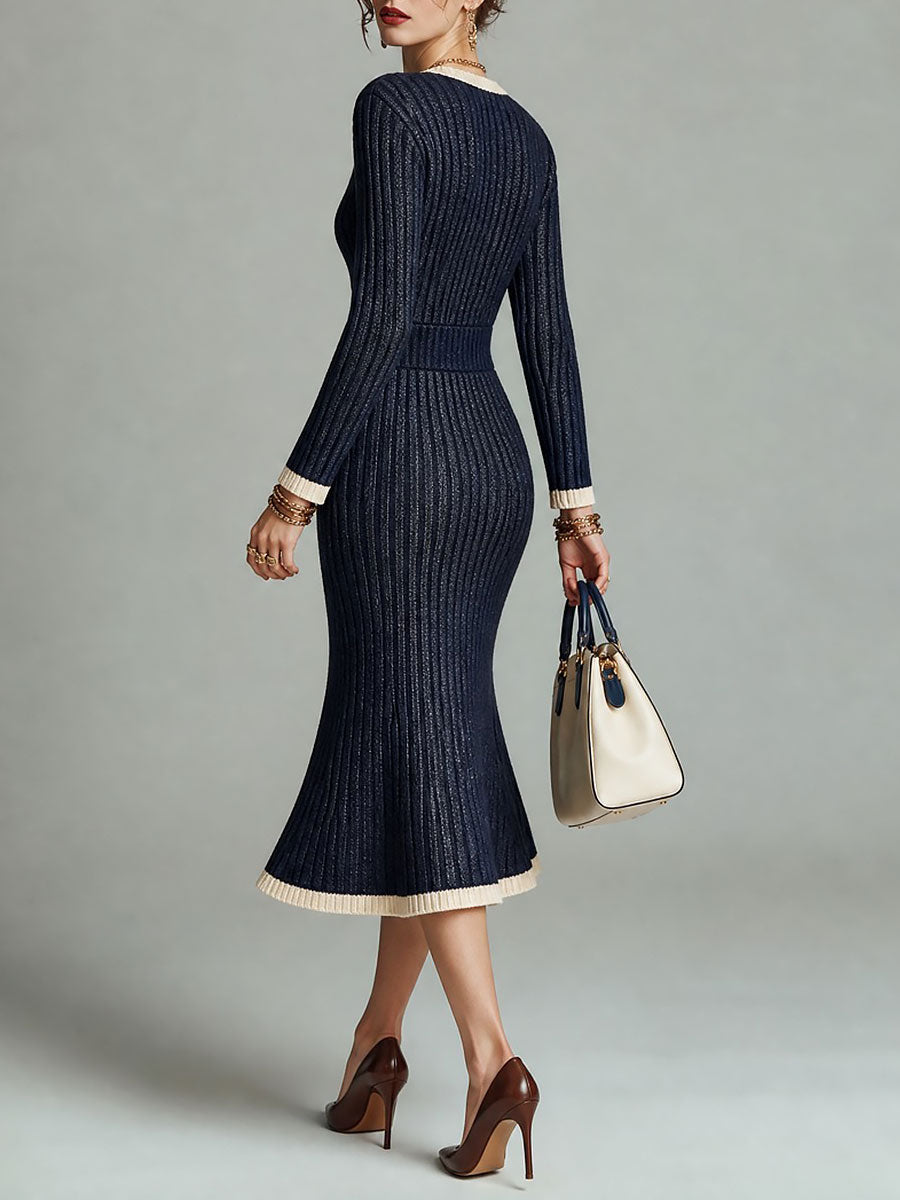 Vestido Midi Sirena Elegante de Punto Acanalado con Cuello en V, Manga Larga y Ribete en Contraste