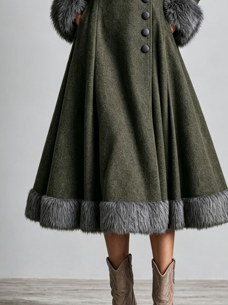 Abrigo Vestido Largo Boho Western de Lana con Ribete de Piel, Cintura Entallada y Falda Acampanada