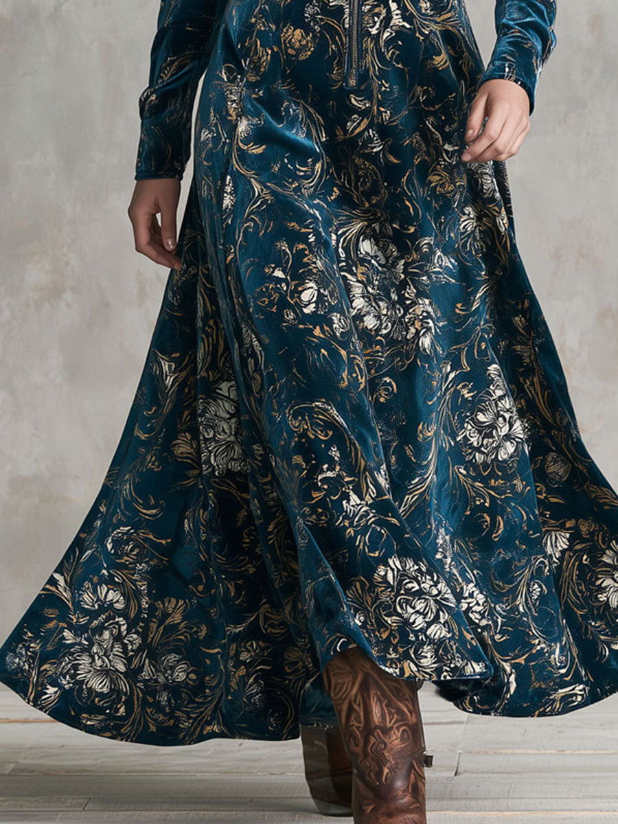 Vestido Maxi Boho Vintage de Terciopelo Acampanado con Estampado Floral Dorado, Solapa y Cierre al Frente