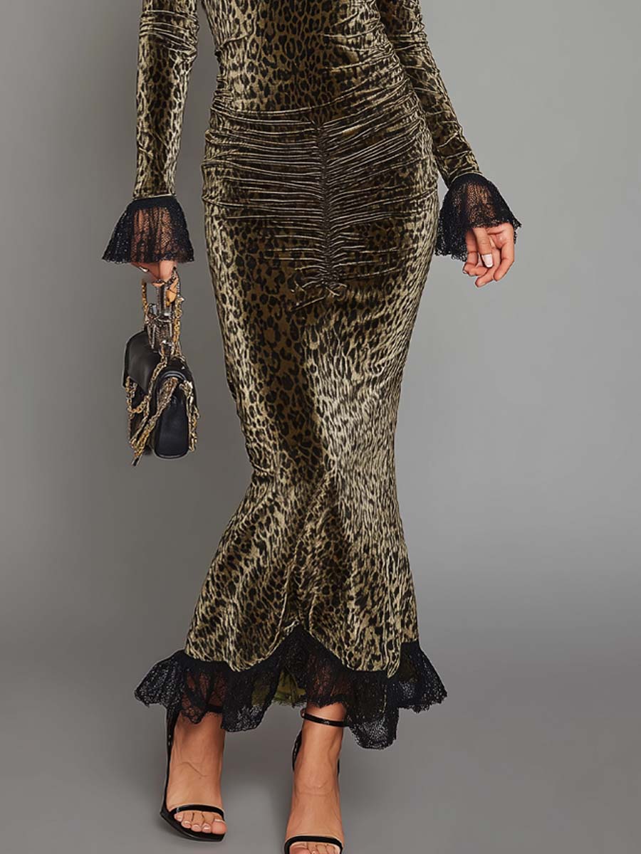 Vestido Maxi de Noche Estilo Vintage de Terciopelo de Poliéster con Estampado de Leopardo