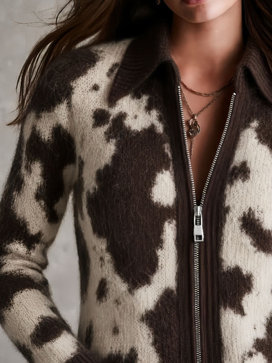 Cárdigan Retro Esponjoso Tipo Mohair con Estampado de Vaca y Cierre