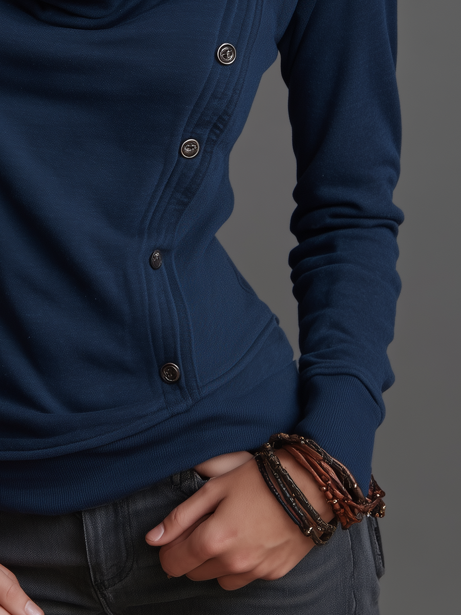 Sudadera Vintage Azul Marino con Cuello Drapeado y Botones
