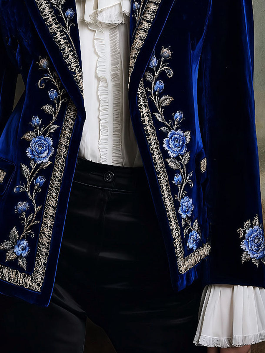 Saco Vintage Boho de Terciopelo con Bordado de Rosas Azules e Hilo Plateado