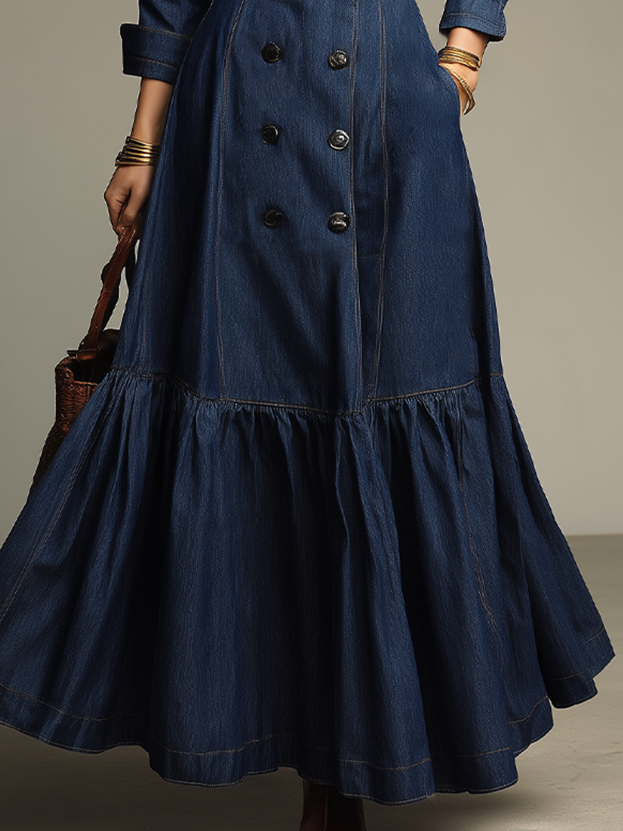Vestido Maxi Romántico de Mezclilla Índigo con Olanes y Cinturón