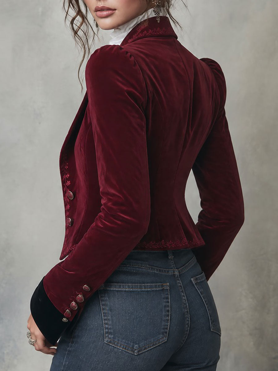 Blazer Entallado Quiet Luxury de Terciopelo Bordado con Solapa de Pico