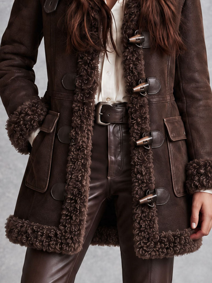 Abrigo Boho Western de Microgamuza con Botón de Palo, Borrego Sintético, Cuello y Puños de Piel