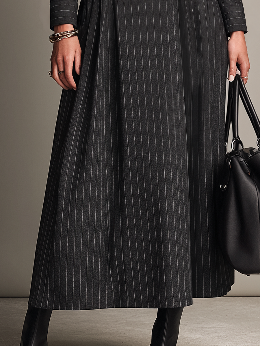 Vestido Maxi Militar de Sastrería Gris Oxford con Rayas Diplomáticas