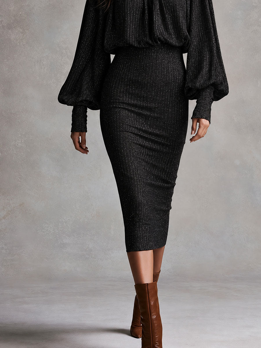 Vestido Midi Negro de Punto con Brillos, Cuello Alto y Mangas Obispo