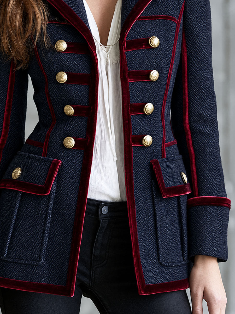 Blazer Estilo Militar para Mujer de Lana con Patrón de Espiga y Ribete de Terciopelo