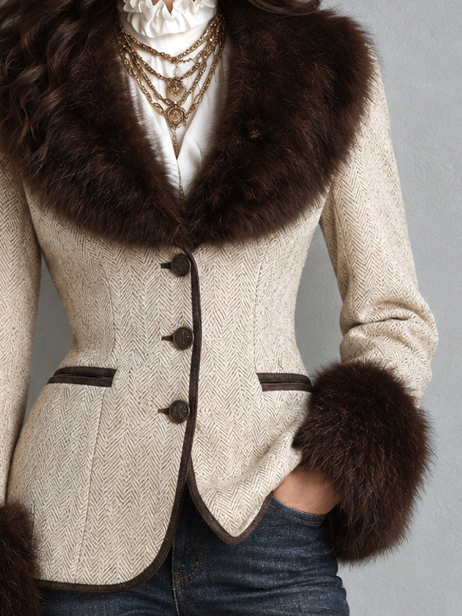 Blazer Vintage Nomad con Patrón de Espiga y Ribete de Peluche Sintético