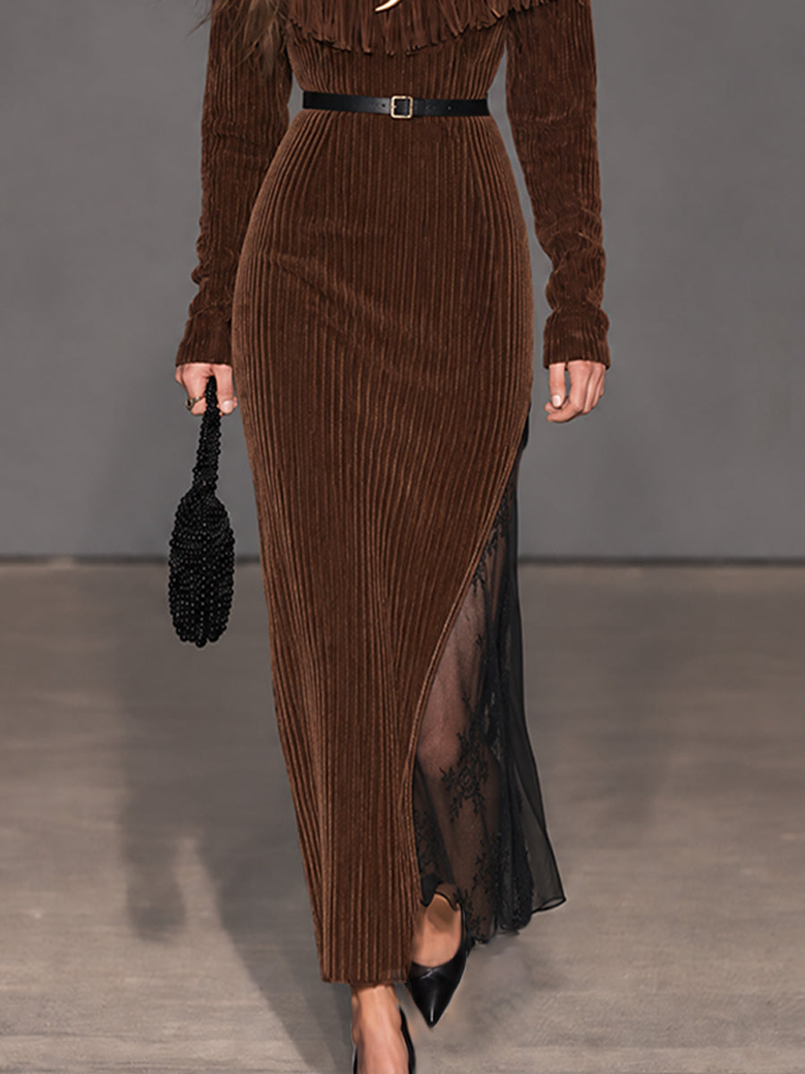 Vestido Maxi Cocoa Nomad de Pana con Flecos y Paneles de Encaje