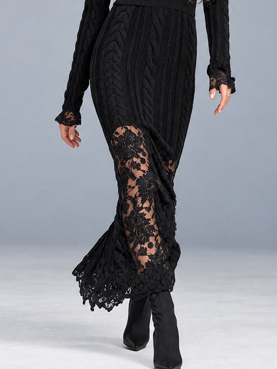 Vestido Maxi Midnight Nomad de Punto Trenzado con Paneles de Encaje