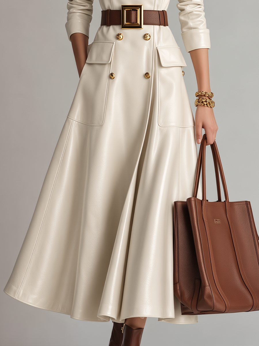 Vestido Abrigo Marfil Refinado con Cinturón y Doble Botonadura
