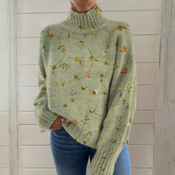 Delia | Suéter de Cuello de Tortuga con Bordado Floral