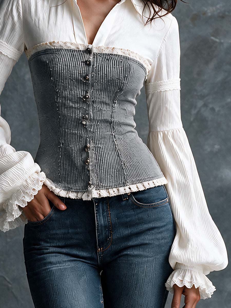 Blusa Falsa de Dos Piezas: Camisa y Top Corsé Acanalado