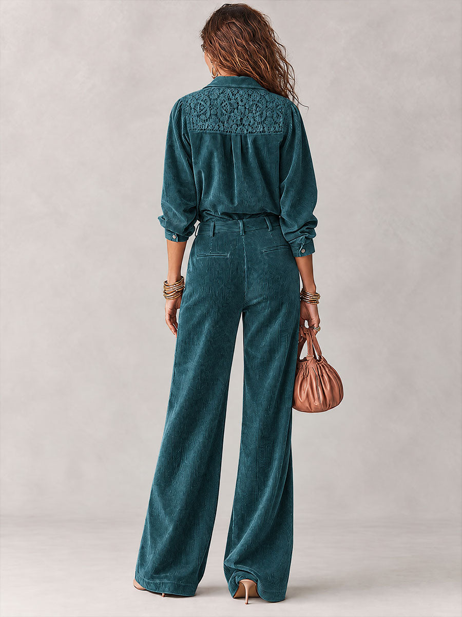 Conjunto Boho de Camisa de Pana con Ribete de Encaje y Pantalón de Pierna Ancha