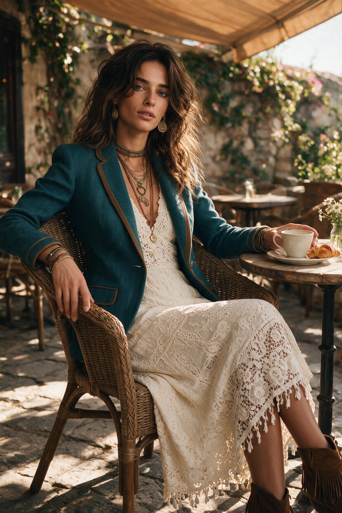 Blazer Entallado Retro de Tweed Espiga con Ribete en Contraste