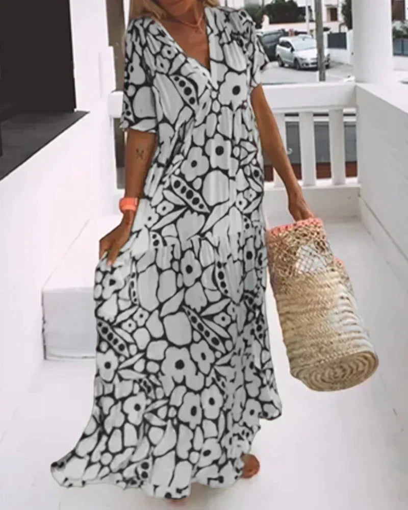 CHRISTINE | Vestido Largo de Verano de Corte Fluido con Elegante Estampado Gráfico