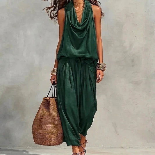 Ambre | Conjunto con Caída de Top Halter Drapeado y Pantalón