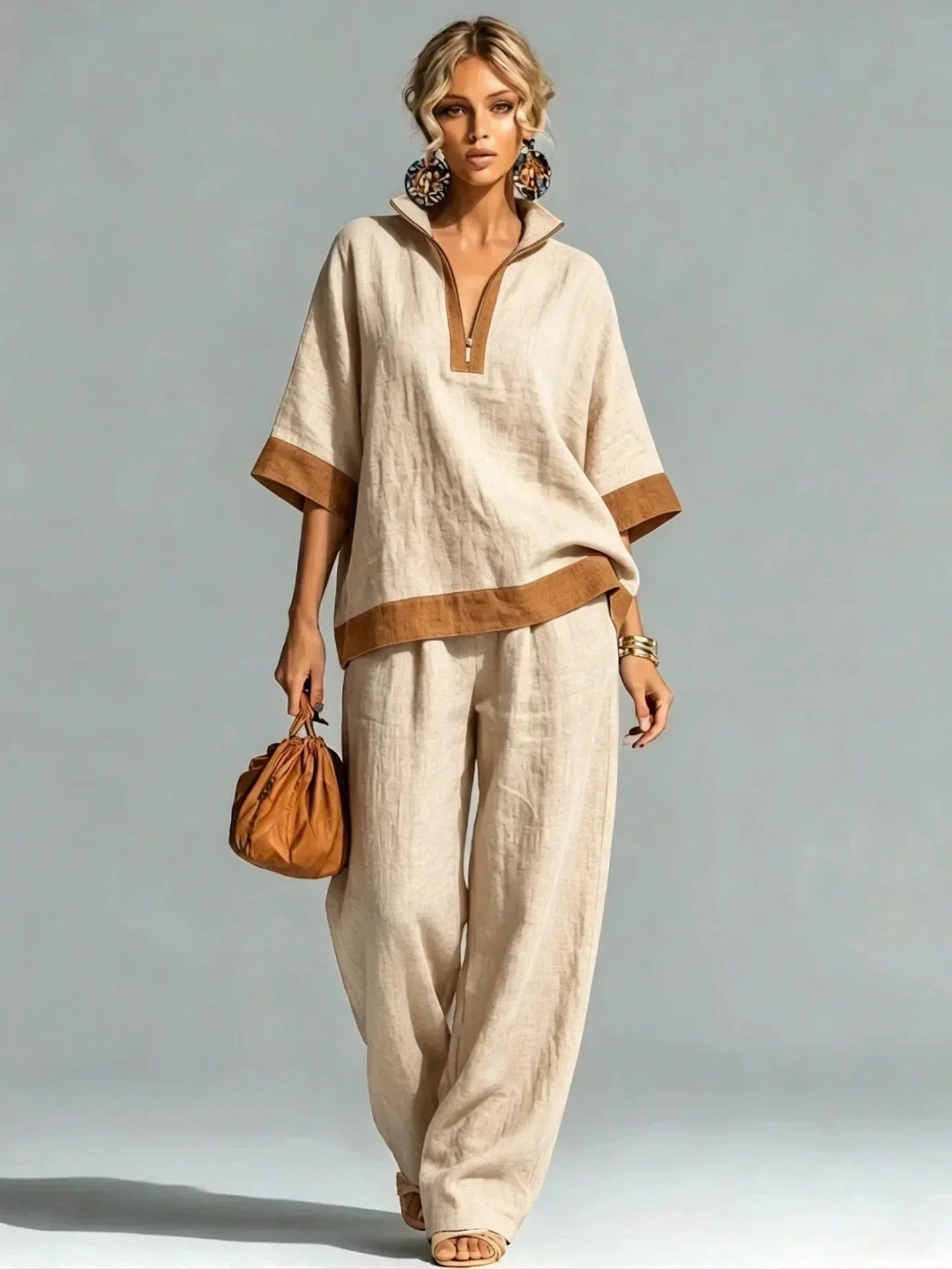 Conjunto Co-ord Estilo Vintage Aspecto Lino para Mujer