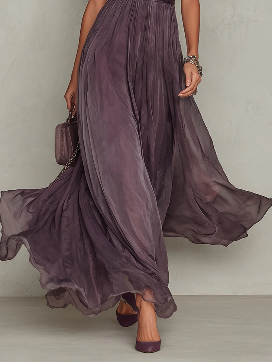 Vestido Maxi de Chiffon con Cuello con Abertura Morado