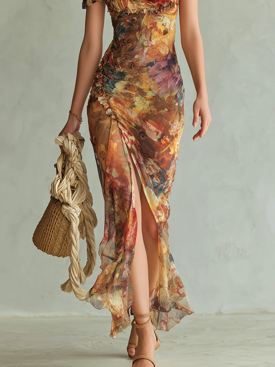 Vestido Maxi de Chiffon Naranja con Estampado Tipo Óleo