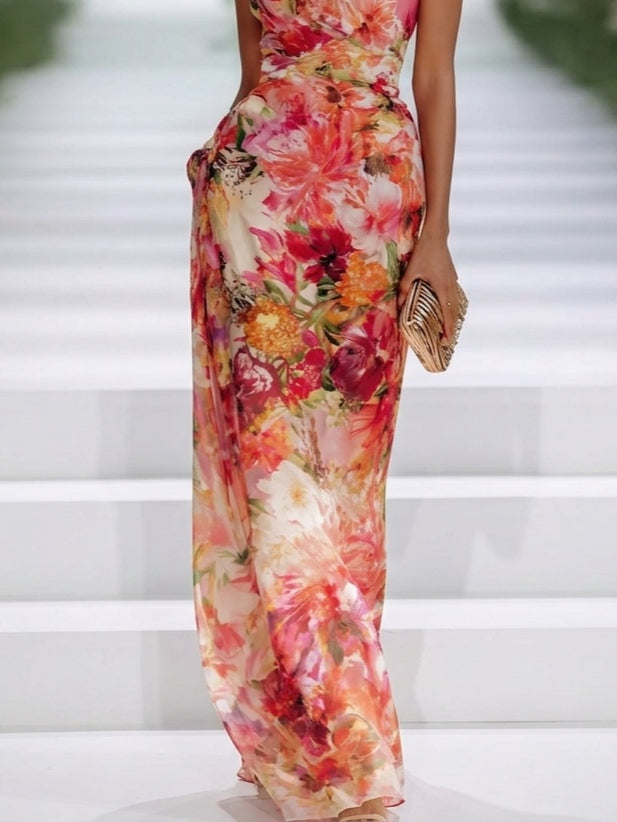 Vestido Maxi de Chiffon Rojo con Escote Halter