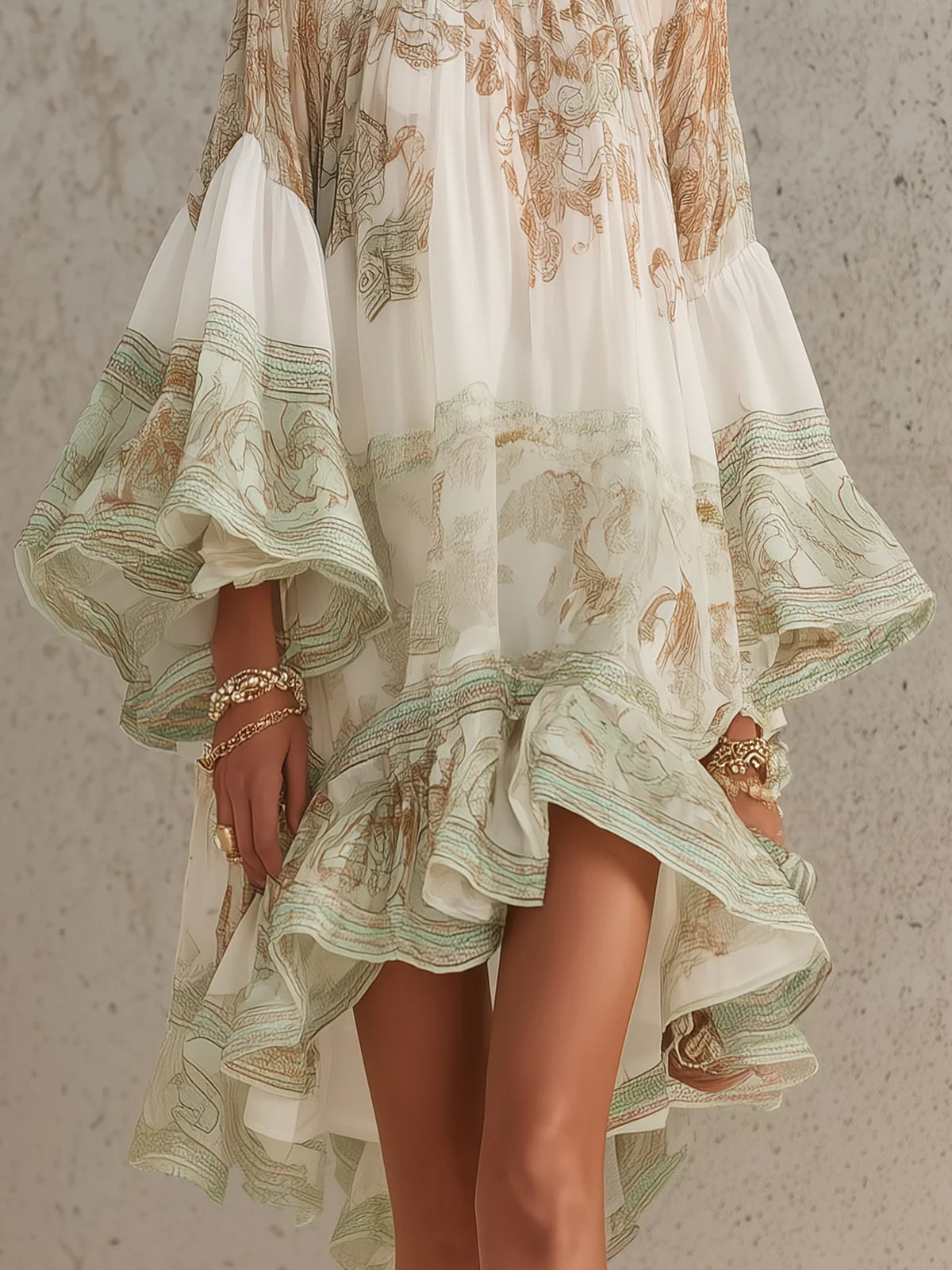 Vestido Mini de Chiffon a Rayas con Mangas de Volante Verde