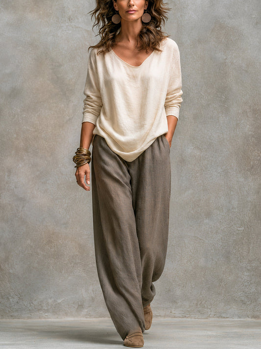 Conjunto Elegante de Tres Piezas Beige Gris con Pantalón de Pierna Amplia