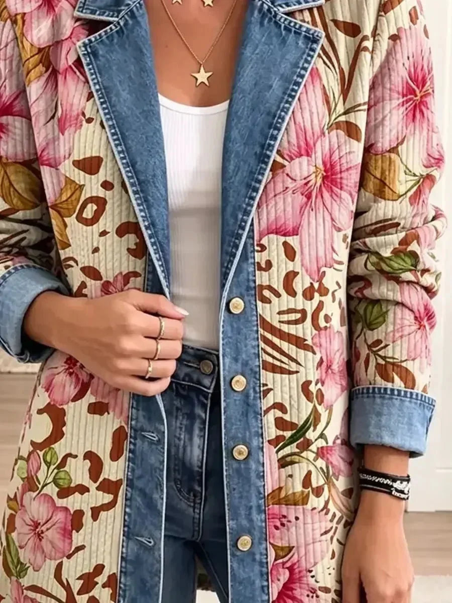 Teresa | Chamarra Retro Artística de Flores y Leopardo