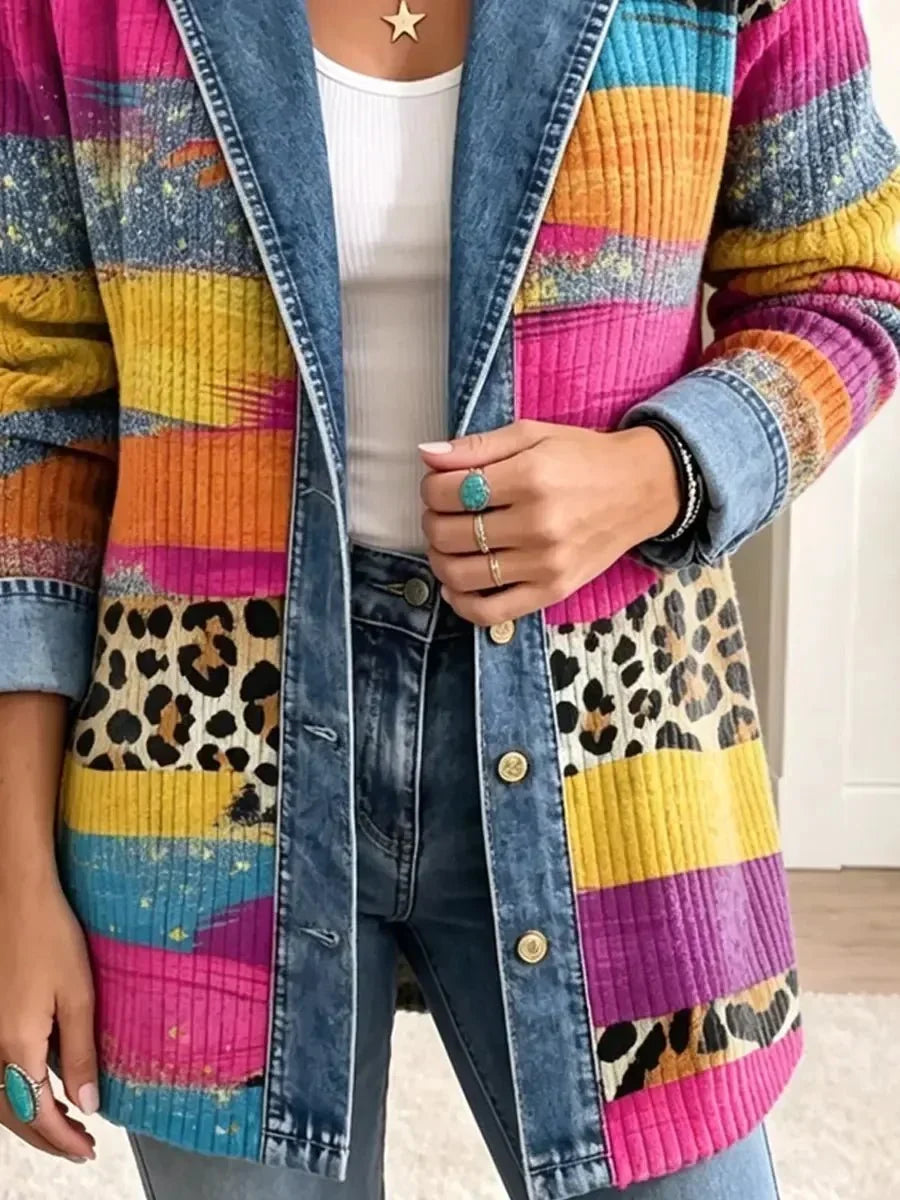 Adriana | Chamarra de Mezclilla Retro con Estampado de Leopardo Multicolor
