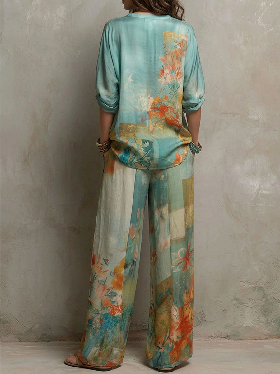 Chiara – Conjunto Elegante Estampado Floral con Pantalón Ancho