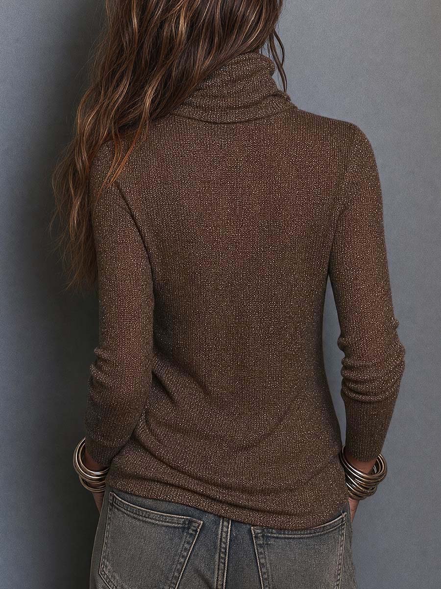 Blusa Boho Café de Punto Ligero, Cuello Drapeado, Manga Larga y Corte Slim