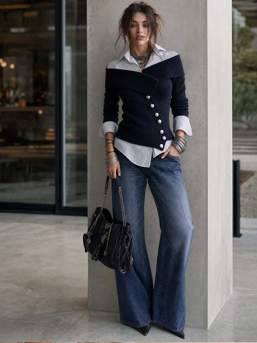 Blusa de Punto con Efecto en Capas y Aletilla Asimétrica