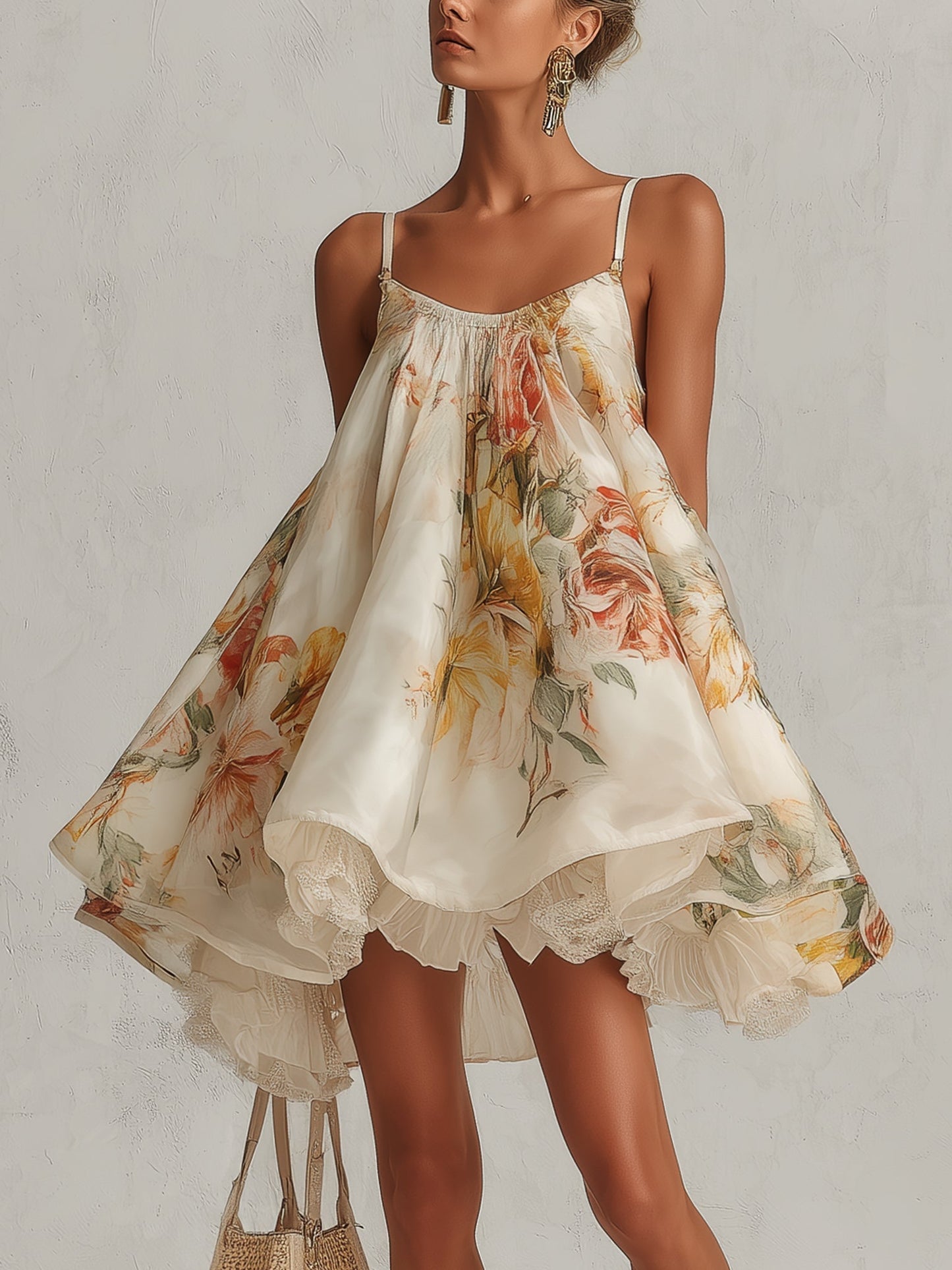 Liliana | Vestido corto línea A de organza beige con motivo floral y ribete de encaje