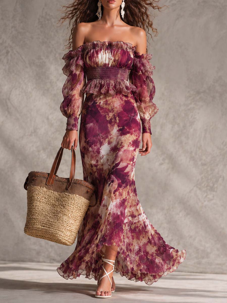 Vestido Maxi de Chiffon Rosa con Hombros Descubiertos