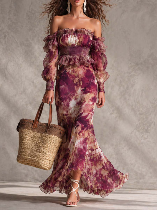 Vestido Maxi de Chiffon Rosa con Hombros Descubiertos