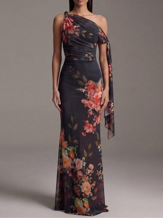 Vestido Maxi Plisado Negro de Un Solo Hombro