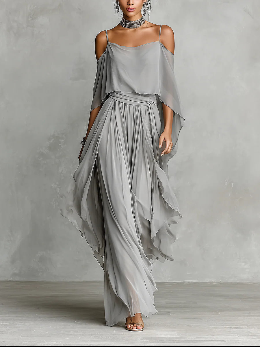 Conjunto de Chiffon Gris: Top y Pantalón