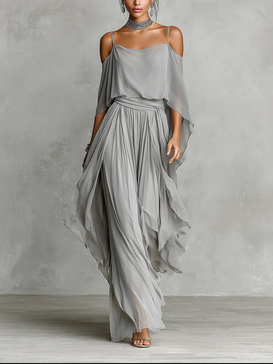 Conjunto de Chiffon Gris: Top y Pantalón