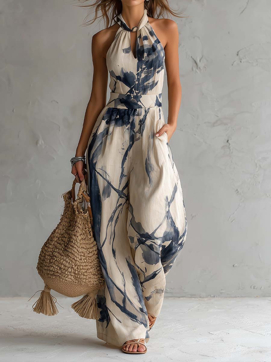 Jumpsuit con Escote Halter y Estampado Tipo Tinta