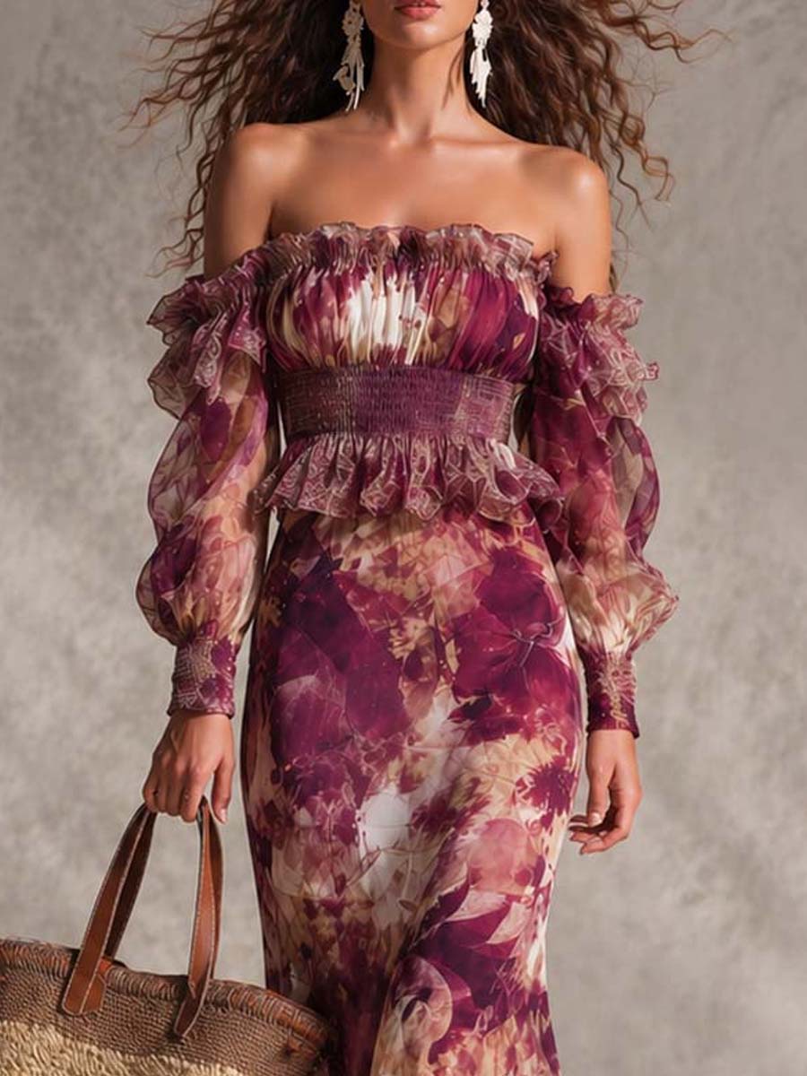 Vestido Maxi de Chiffon Rosa con Hombros Descubiertos