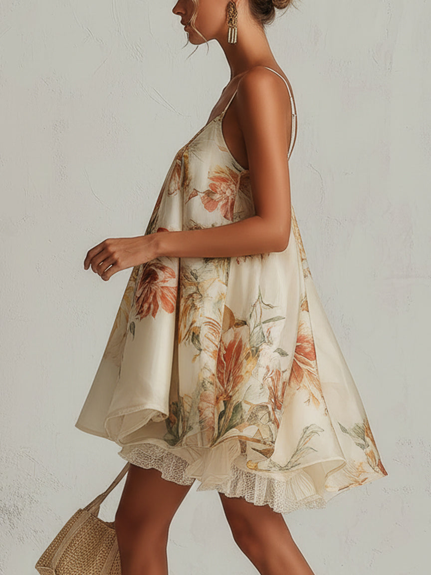 Liliana | Vestido corto línea A de organza beige con motivo floral y ribete de encaje