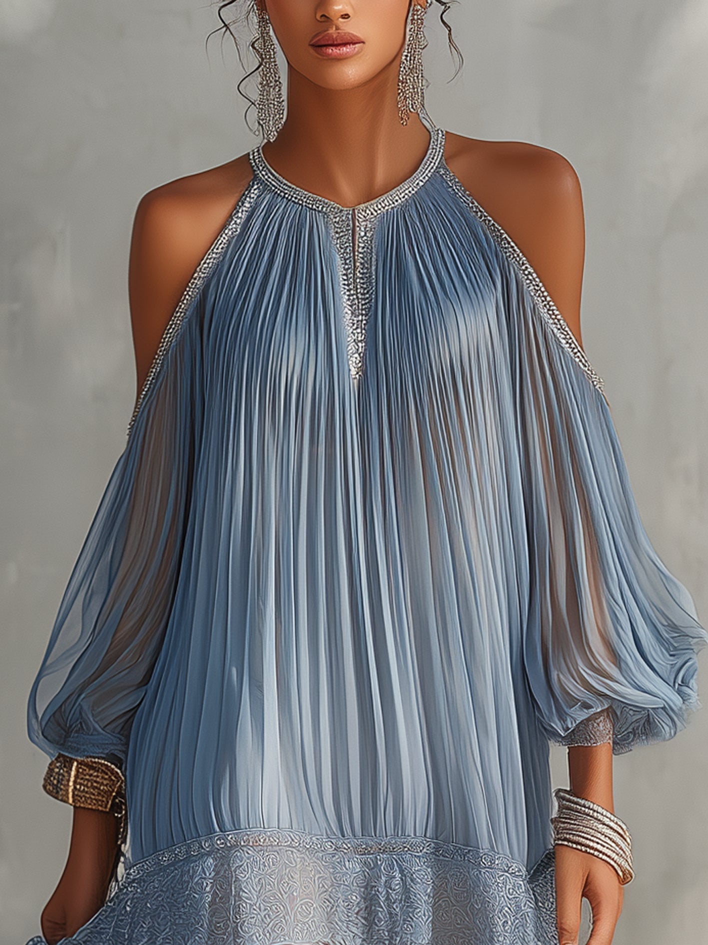 Celeste | Mini vestido azul con hombros descubiertos, fruncido y dobladillo de encaje